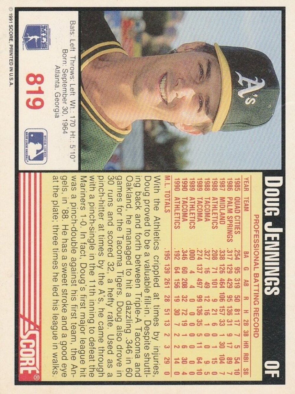 Doug Jennings - Score 91 Baseball Card - Picture 2 of 2